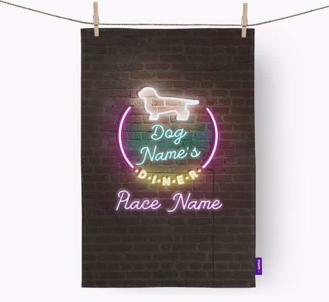 'Neon Lights Diner' - Personalised {breedFullName} Tea Towel 